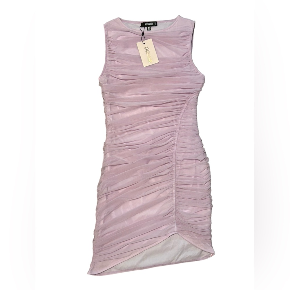 Lilac missguided crewneck all over ruched mesh mini dress